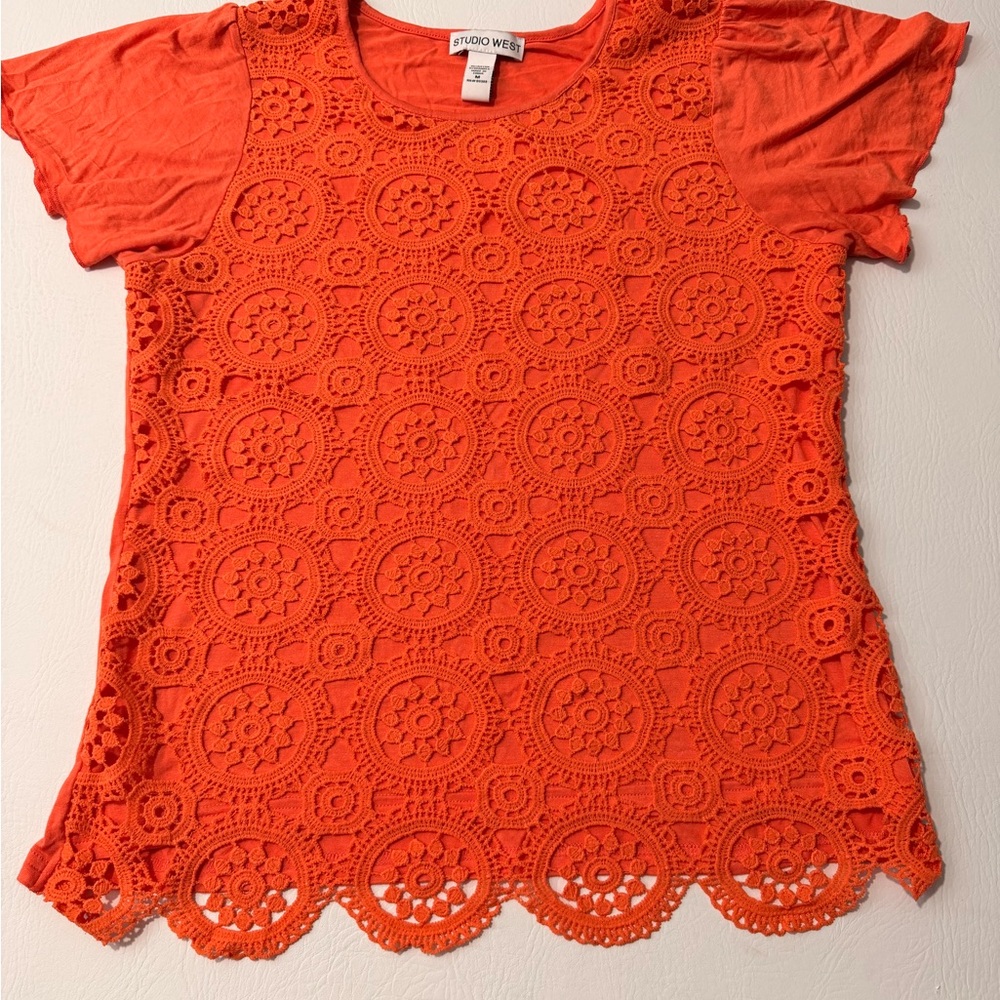 Studio West‎ Vibrant Orange Crochet Blouse